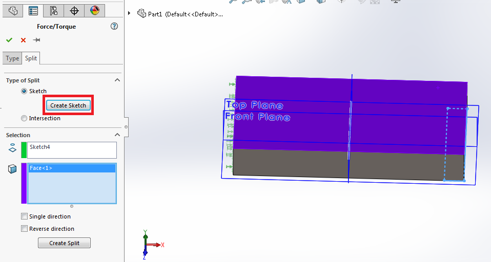 استفاده از گزینه split برای تعریف کردن بار وارد شده به جسم در بخش تحلیل solidworks